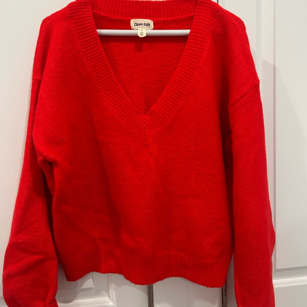 Open Edit Oversized Cropped V Neck Sweater